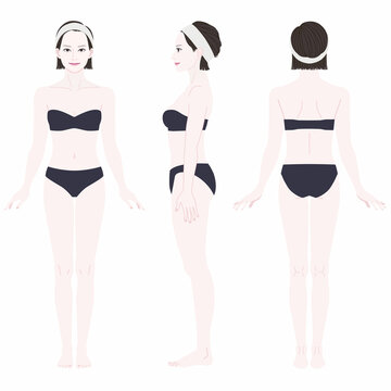 [Full-body illustration of a woman]
This woman's body looks like an inverted triangle.The lower body is thinner than the shoulders.
She is wearing underwear.
Front view, side view, rear view.