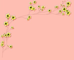 Pink volumetric background for text with yellow flowers. Background with flowers for presentation.