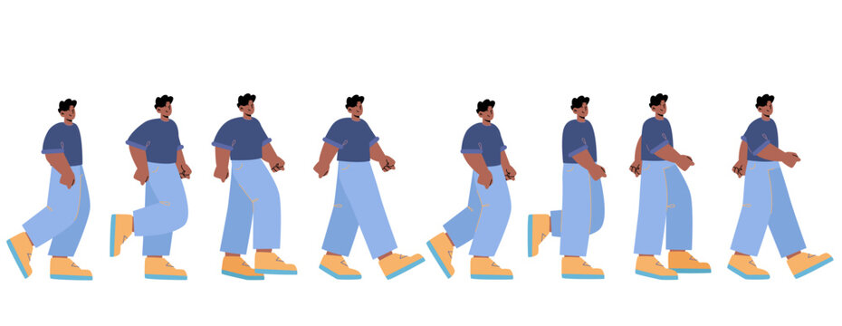 Man walk animation, sequence frame for game. Cycle stages of african teenager walking, going motion sprite sheet. Passerby, pedestrian movement sprite sheet, Cartoon flat vector line art illustration