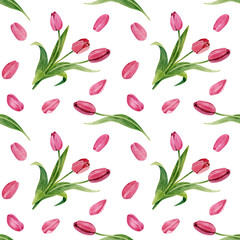 Dynamic watercolor pattern with tulip flowers, bouquet. Flowers on a stalk. Seamless texture on a white background.