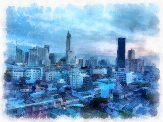 Fototapeta na wymiar Landscape of streets and buildings in Bangkok city watercolor style illustration impressionist painting.