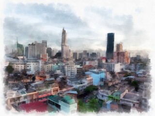 Obraz premium Landscape of streets and buildings in Bangkok city watercolor style illustration impressionist painting.