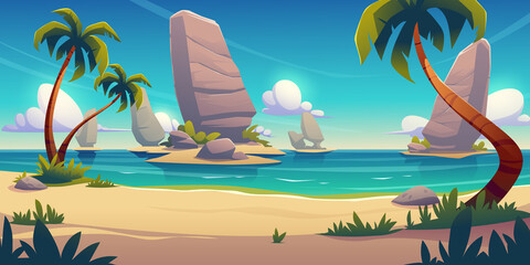 Tropical beach landscape with palm trees, golden sand and rocks in blue water under sky with fluffy clouds. Beautiful paradise seaside, island in ocean, game location, Cartoon 2d vector illustration - obrazy, fototapety, plakaty