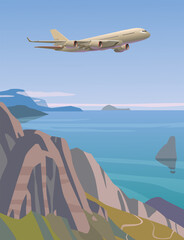 The plane flies over the sea and mountains. Vector.