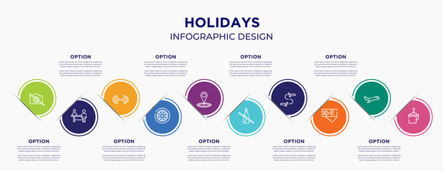 holidays concept infographic design template. included no photos, persons in an airport, gym dumbbell, car parts, place point, no drink, flight transfer, airplane tickets, hanger with a towel for