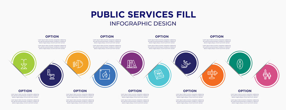 Public Services Fill Concept Infographic Design Template. Included Public Fountain, Toilet Side View, Car Light, Fire Triangular, Three Books, 3d Dictionary, Slippery, One Way Street, Mother And