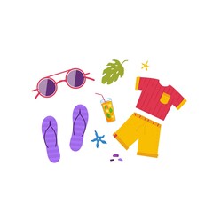 Set of travel stuff for adventure tourism, travel. Journey decorative design with tropical leaves, shells, clothes, accessories, shoes, suitcase, baggage for tourism. Flat cartoon modern vector