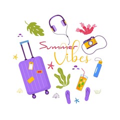 Set of travel stuff for adventure tourism, travel. Journey decorative design with tropical leaves, shells, clothes, accessories, shoes, suitcase, baggage for tourism. Flat cartoon modern vector