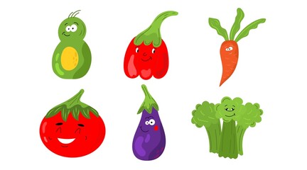 Set of different cute happy vegetable and fruit kawaii characters. Colorful design for cards, banners, printed materials. Funny doodle style emoticons. Flat icons of: pepper, carrot, tomato, avocado