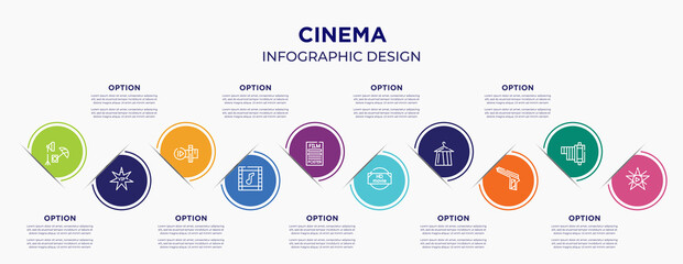 cinema concept infographic design template. included studio, vip person, slow motion, soundtrack, film poster, hd movie, dressing room, hitman, film star for abstract background.