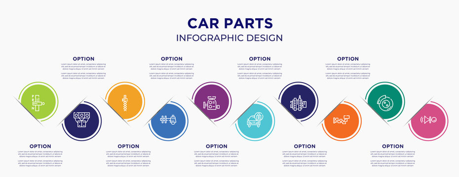 car parts concept infographic design template. included car transmission, car manifold, coil, sump, carburettor, lock, alternator, crankshaft, horn for abstract background.