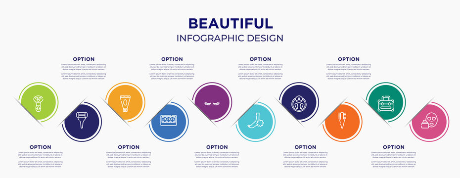 beautiful concept infographic design template. included electric shaver for women, women razor, anti aging cream, eye shadow pallette, two eyelashes, pedicure, big scale, two side comb, mudpack for