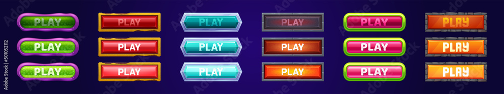 Poster play buttons for game menu interface. vector cartoon set of active, hover and normal glossy buttons 