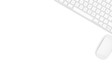 Keyboard and mouse on white table, top view with copy space, 3d illustration