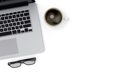 Laptop, coffee cup and glasses on white table, top view with copy space, 3d illustration