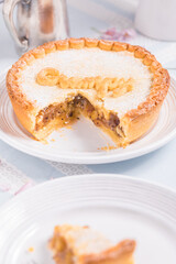 Gooseberry pie with Grumpy sign on it, popular dish from fairytale Snow white and seven dwarfs