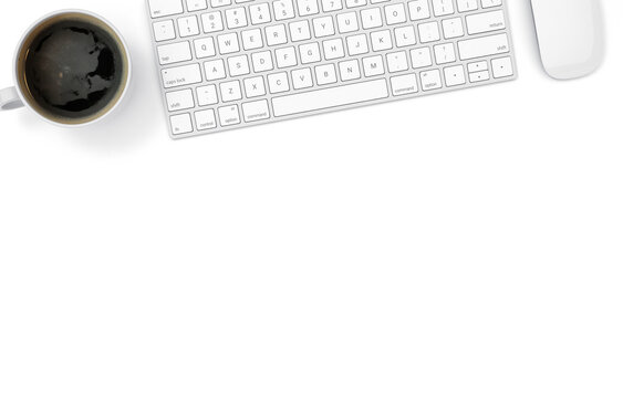 Keyboard, coffee cup and mouse on white table, top view with copy space, 3d illustration