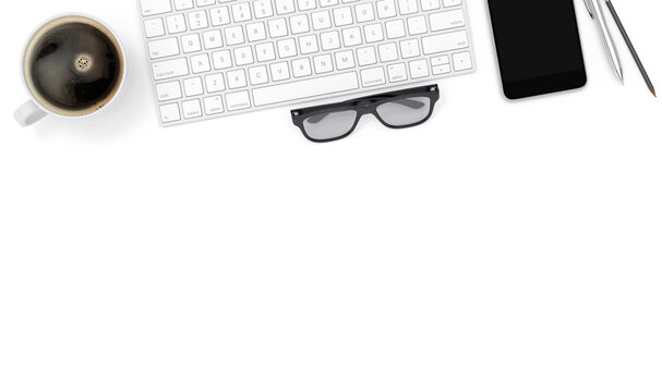 Keyboard, smartphone and coffee cup on white table, top view with copy space, 3d illustration