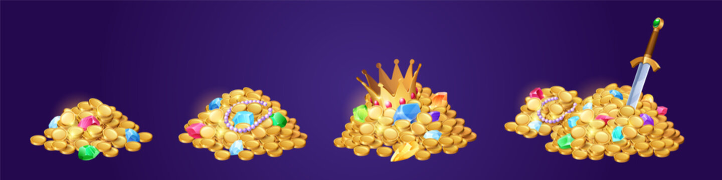 Gold coins heaps with gems and jewelry. Ancient treasure with piles of money for fantasy game of medieval adventure or pirates. Vector cartoon illustration of golden coins, diamonds, crown and sword