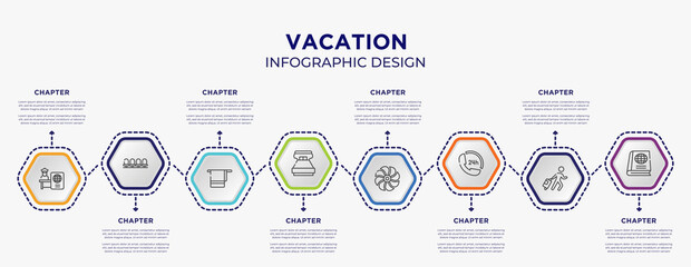 vacation concept infographic template with 8 step or option. included passport control, waiting room, king size, ventilation, 24 hours phone attention service, geography text book icons for abstract