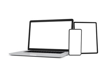 Laptop, smart phone and tablet with blank screen isolated on white background, 3d illustration, clipping path.