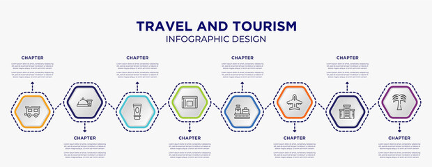 travel and tourism concept infographic template with 8 step or option. included house trailer, snacks, sick bag, null, plane diagonal, coconut trees icons for abstract background.