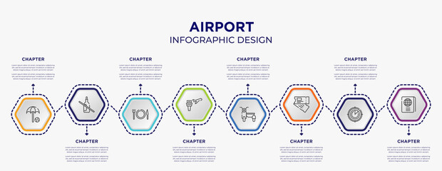 airport concept infographic template with 8 step or option. included beach umbrella and beach ball, no drink, airplane and airport tower, sidecar, airplane flight ticket, international passport