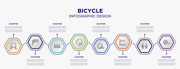 bicycle concept infographic template with 8 step or option. included horizontal bars, checkered flag, bowling ball, rugby helmet, diving board, crank arm icons for abstract background.