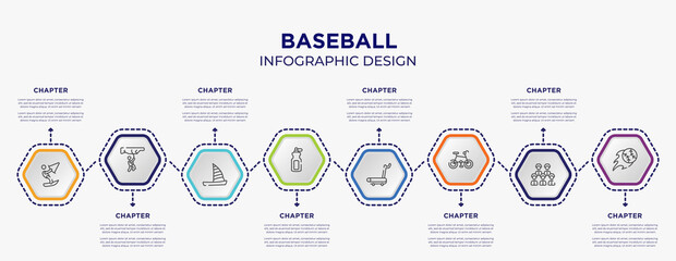 baseball concept infographic template with 8 step or option. included kitesurf, rappel, sport bottle, treadmill hine, mountain bike, home run icons for abstract background.