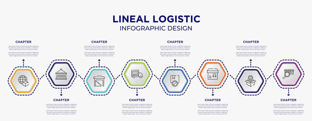 lineal logistic concept infographic template with 8 step or option. included worldwide delivery, lift package, delivery date, prohibited, side down, barcode scan icons for abstract background.