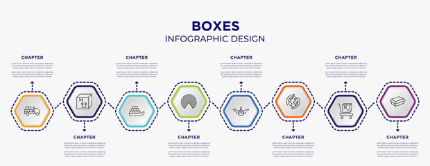 boxes concept infographic template with 8 step or option. included loaded truck, cardboard box with fragile items, airdrop, air transport, worldwide shipping, cardboard box without a lid icons for