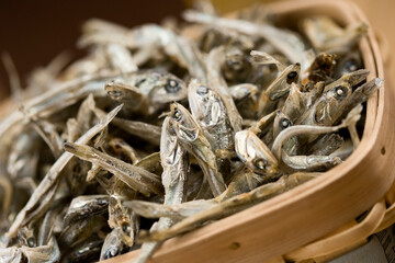 dried anchovies in basket