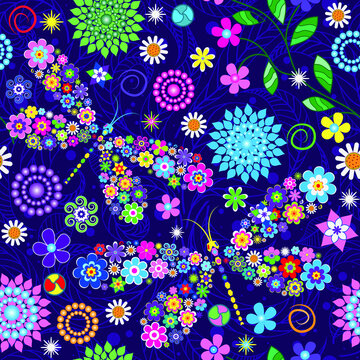 Abstract bright multicolor seamless pattern with stylized dragonflies and flowers on a purple background. Vector image eps 10 © Olga Drozdova