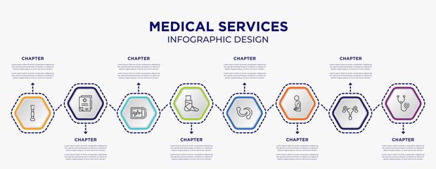 medical services concept infographic template with 8 step or option. included prosthesis, medical records, broken leg, leech, injury, phonendoscope icons for abstract background.