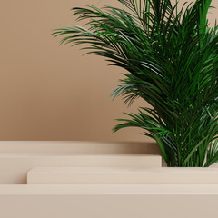 Fototapeta premium Minimal abstract cosmetic background and green palm leaf for product presentation, 3d illustration.