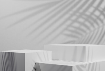 Modern white and gray geometric pedestal podium. platform in shadow. abstract white and gray minimal wall scene. cosmetic product display presentation. 3d rendering.