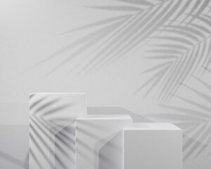 Modern white and gray geometric pedestal podium. platform in shadow. abstract white and gray minimal wall scene. cosmetic product display presentation. 3d rendering.