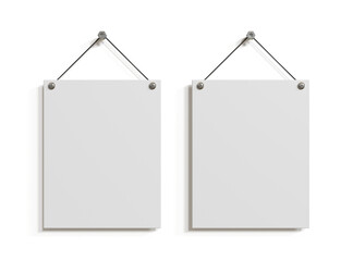 Sign hanging on white wall. signboard mockup isolated banner on white background. 3d illustration.