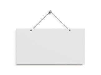 Sign hanging on white wall. signboard mockup isolated banner on white background. 3d illustration.