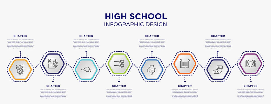 High School Concept Infographic Template With 8 Step Or Option. Included Driving School, Grade, Badminton, , Cradle, Yearbook Icons For Abstract Background.