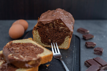 Traditional home made marble bundt cake on a table