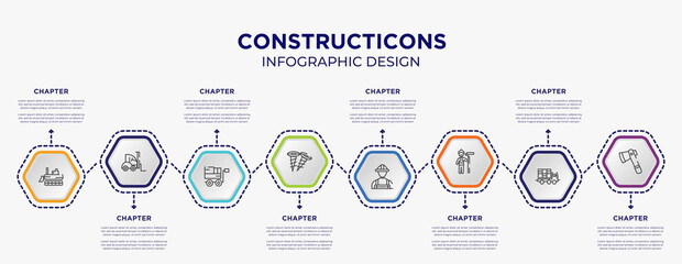 constructicons concept infographic template with 8 step or option. included excavator side view, null, two screws, constructor hand drawn worker, man painting, inclined ax icons for abstract