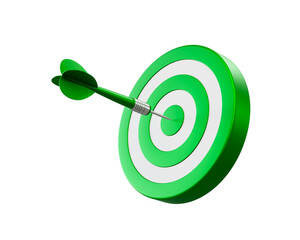 Green arrow aim to dartboard target or goal of success, business achievements concept. 3d illustration.