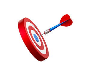 Red and blue arrow aim to dartboard target or goal of success, business achievements concept. 3d illustration.