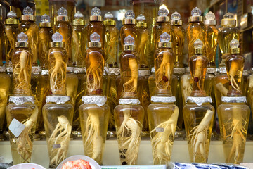 Ginseng root in a glass jar.