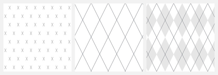 Argyle seamless pattern set. Simple monochrome diamond, diagonal crossing lines and x mark coordinating vector designs.