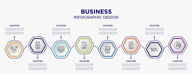 business concept infographic template with 8 step or option. included polling, electric port connection, , mobile analytics tool, mobile phone call, donut chart icons for abstract background.
