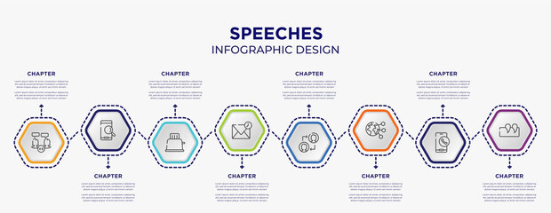 speeches concept infographic template with 8 step or option. included battle, searching by phone, drafts, people connection, planet earth, punctuation mark icons for abstract background.