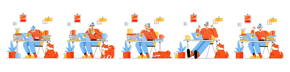 Girl character work on laptop at home office. Vector flat illustrations of woman freelancer or remote employee eating, happy, angry, sleeping, and busy at workplace