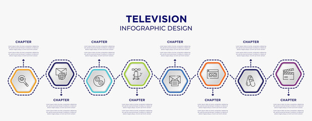 television concept infographic template with 8 step or option. included observation, international mail, air pump, open mail, scammer, clapboard icons for abstract background.